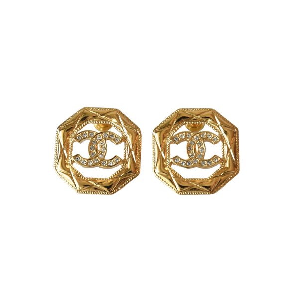 Chanel 24A CC Crystal Strass Octagonal Stud Earrings Gold - Picture 1 of 1